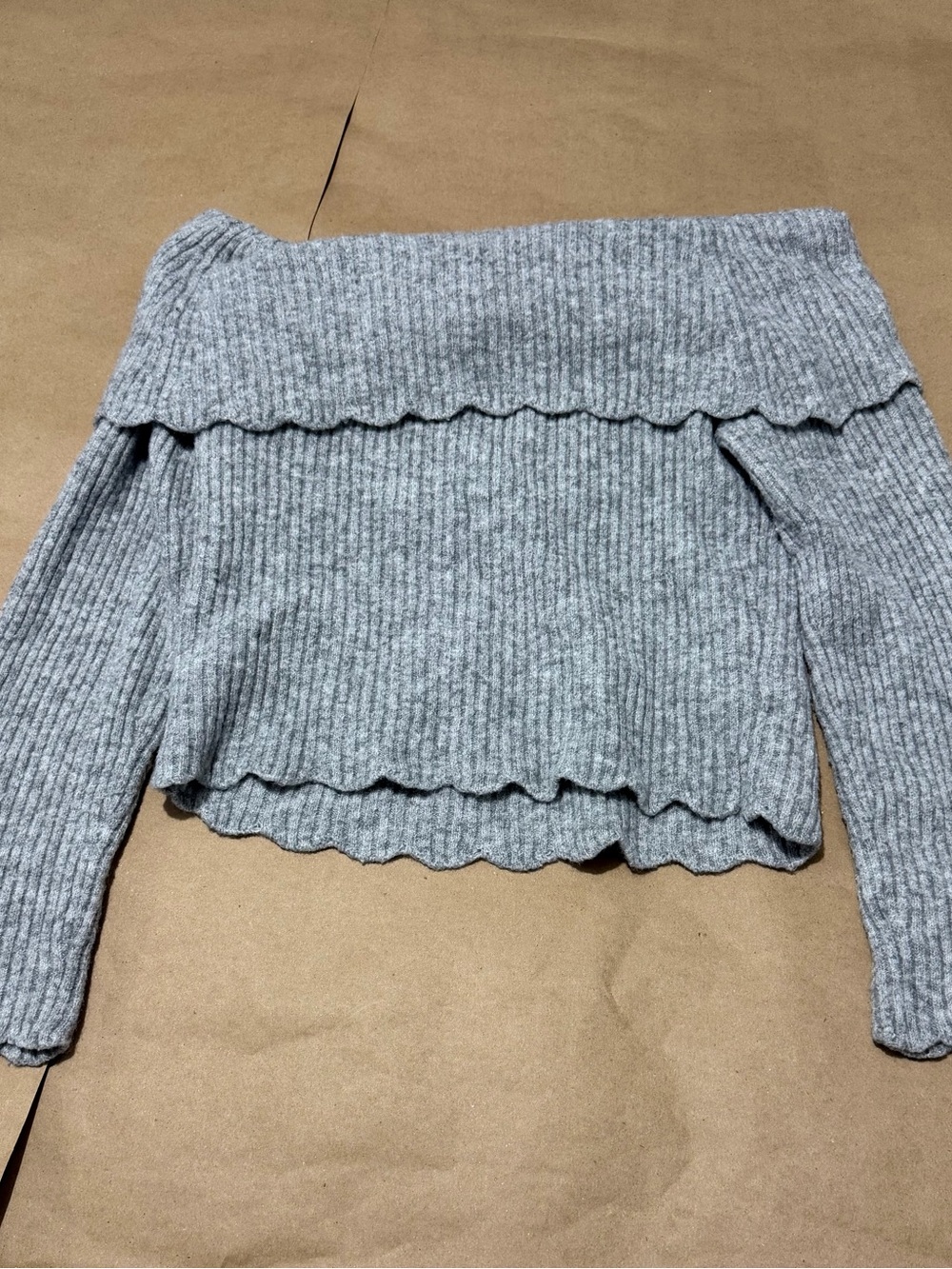 Celebrity Pink Gray Off-the-Shoulder Ribbed Ruffle Sweater - Picture 6 of 6